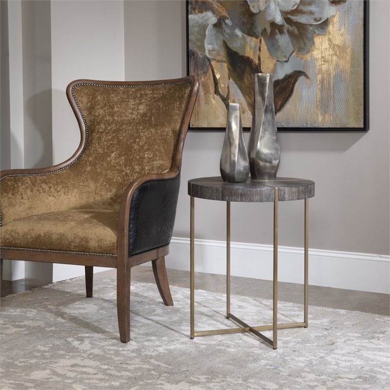 Uttermost Taja Round Stainless Steel and Wood Accent Table in Brushed Brass