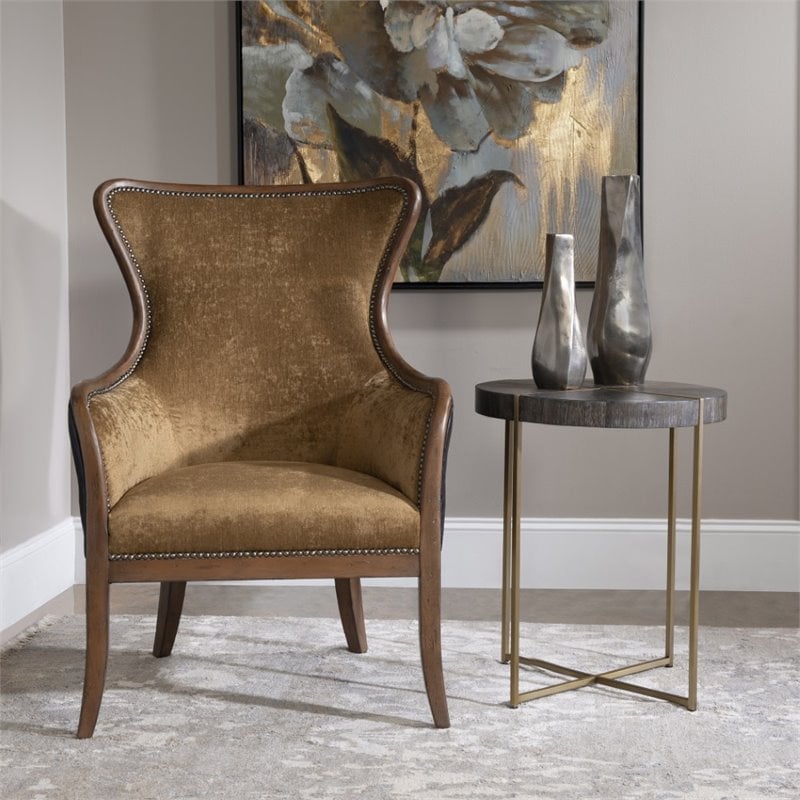 Uttermost Taja Round Stainless Steel and Wood Accent Table in Brushed Brass