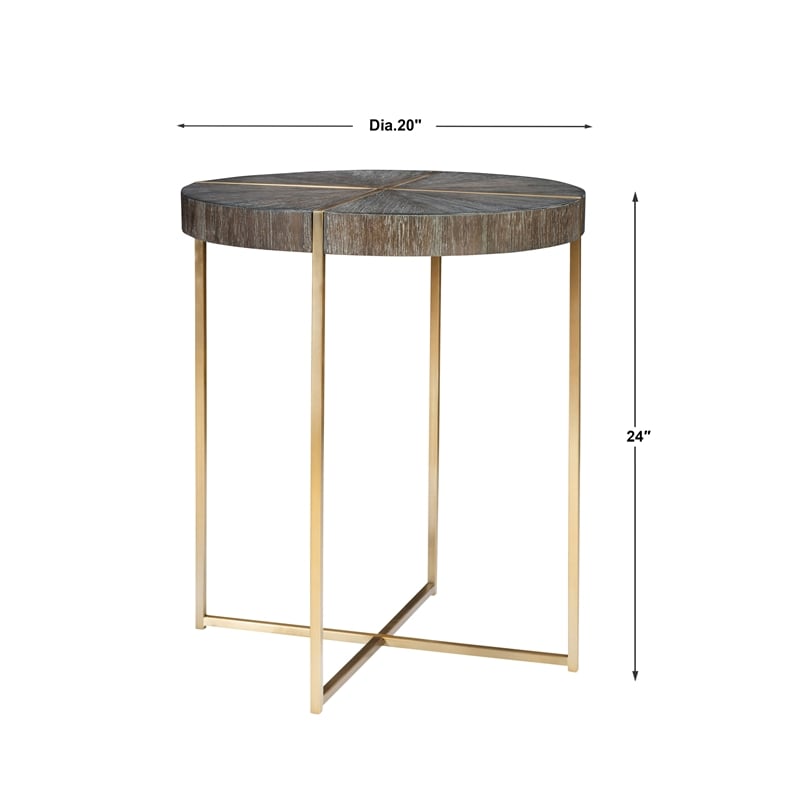 Uttermost Taja Round Stainless Steel and Wood Accent Table in Brushed Brass