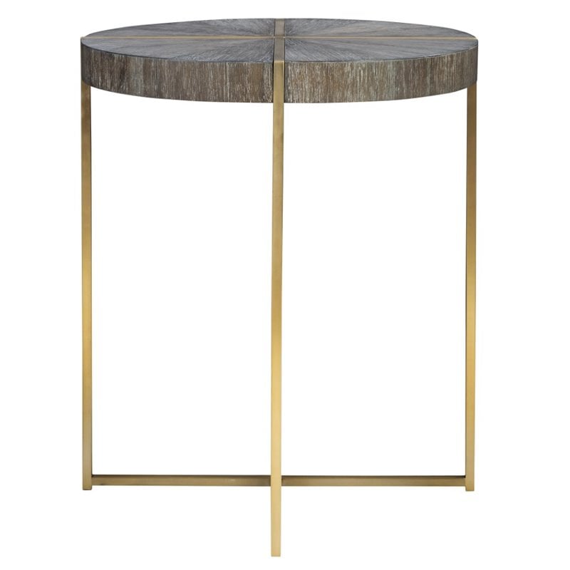 Uttermost Taja Round Stainless Steel and Wood Accent Table in Brushed Brass