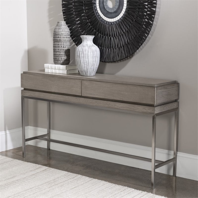Uttermost Kamala Oak MDF and Stainless Steel Console Table in Mushroom Gray
