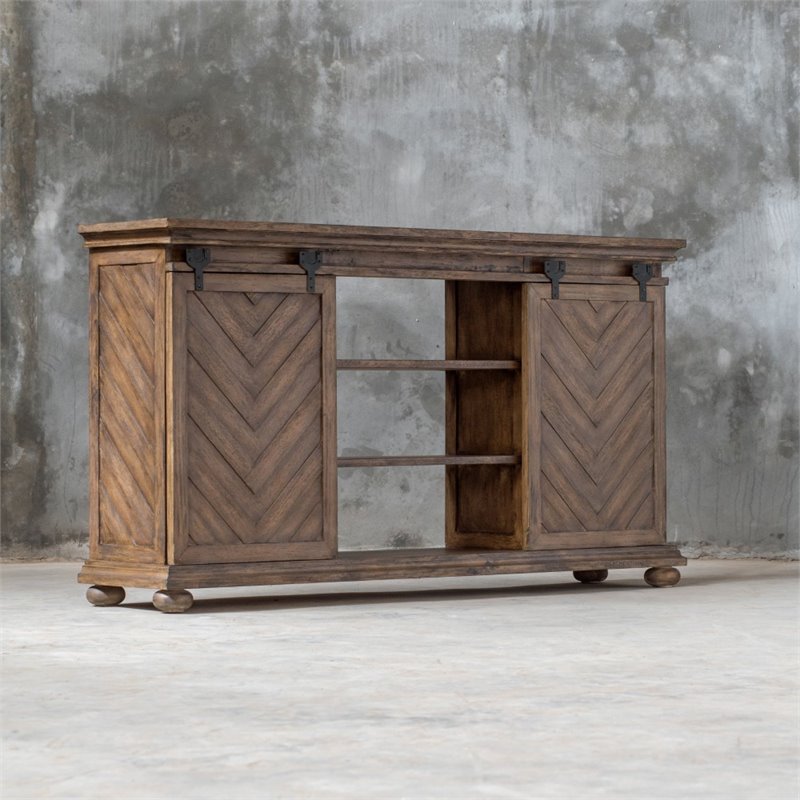 Uttermost Primalia MDF Wood Barn Door Media Console in Antique Honey
