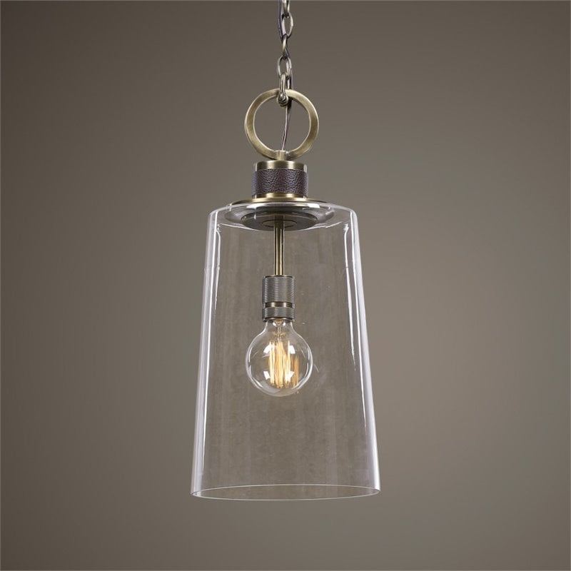 Uttermost Rosston 1-Light Steel and Glass Mini Pendant in Antique Brass/Brown