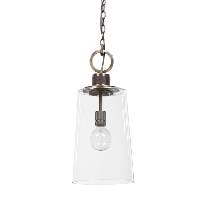 Uttermost Rosston 1-Light Steel and Glass Mini Pendant in Antique Brass/Brown
