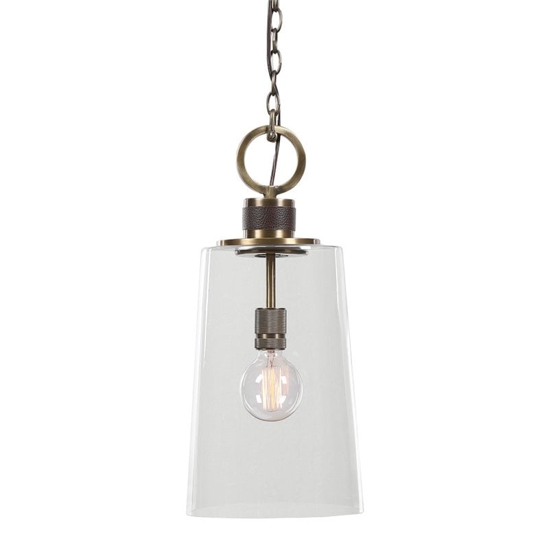 Uttermost Rosston 1-Light Steel and Glass Mini Pendant in Antique Brass/Brown