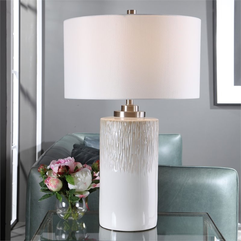 uttermost georgios iron ceramic and linen cylinder table lamp in aged white