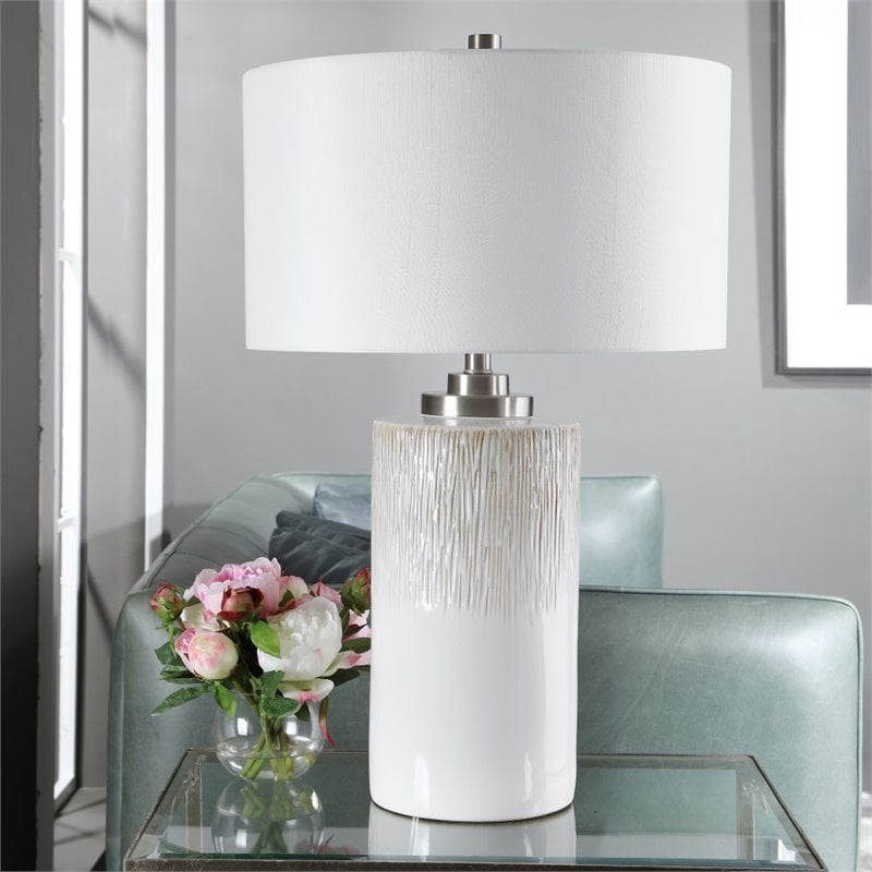 uttermost georgios iron ceramic and linen cylinder table lamp in aged white