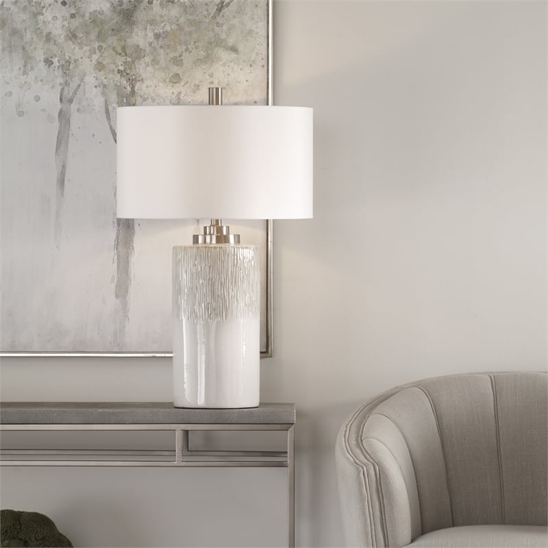 uttermost georgios iron ceramic and linen cylinder table lamp in aged white
