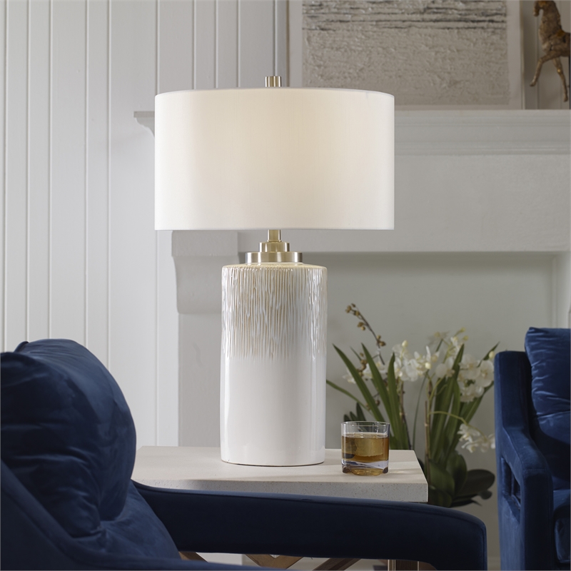 uttermost georgios iron ceramic and linen cylinder table lamp in aged white
