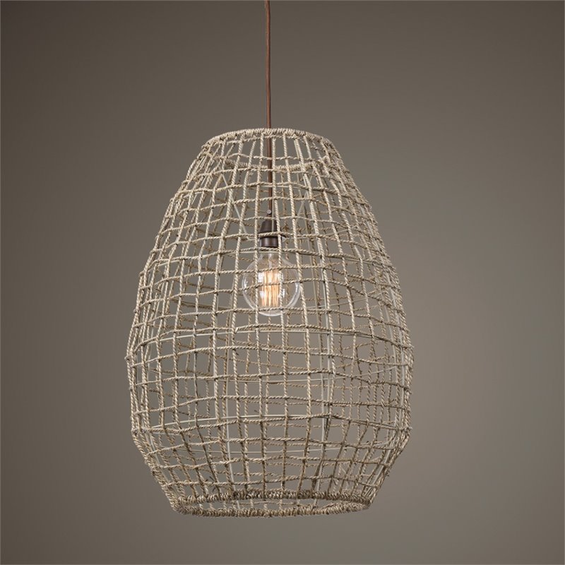 Uttermost Cross 1-Light Coastal Steel and Rattan Weave Pendant in Aged Bronze