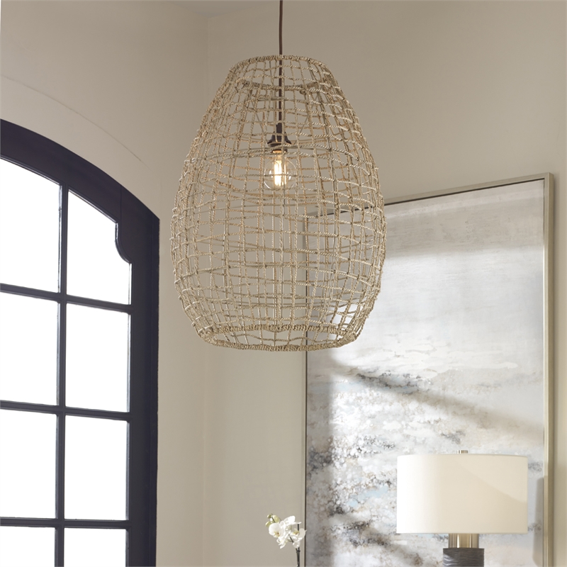 Uttermost Cross 1-Light Coastal Steel and Rattan Weave Pendant in Aged Bronze