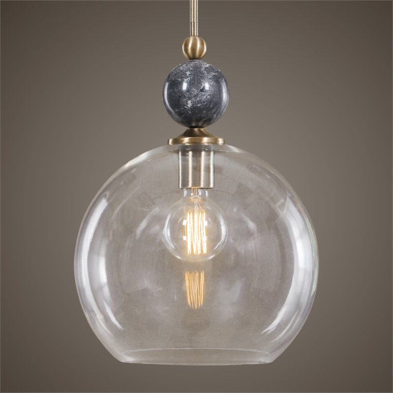 Uttermost Mendota 1-Light Glass Iron and Marble Pendant in Aged Brass