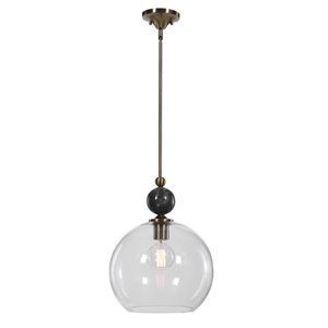 Uttermost Mendota 1-Light Glass Iron and Marble Pendant in Aged Brass