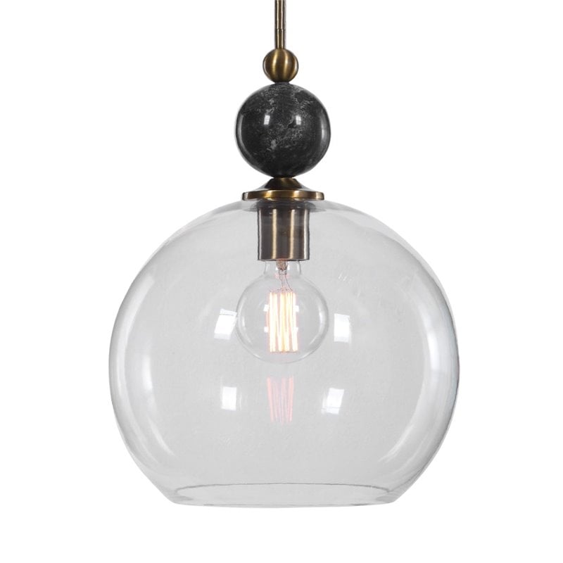 Uttermost Mendota 1-Light Glass Iron and Marble Pendant in Aged Brass