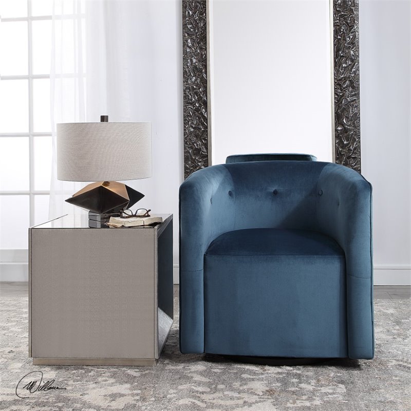Uttermost Mallorie Contemporary Wood and Fabric Swivel Chair in Ink Blue