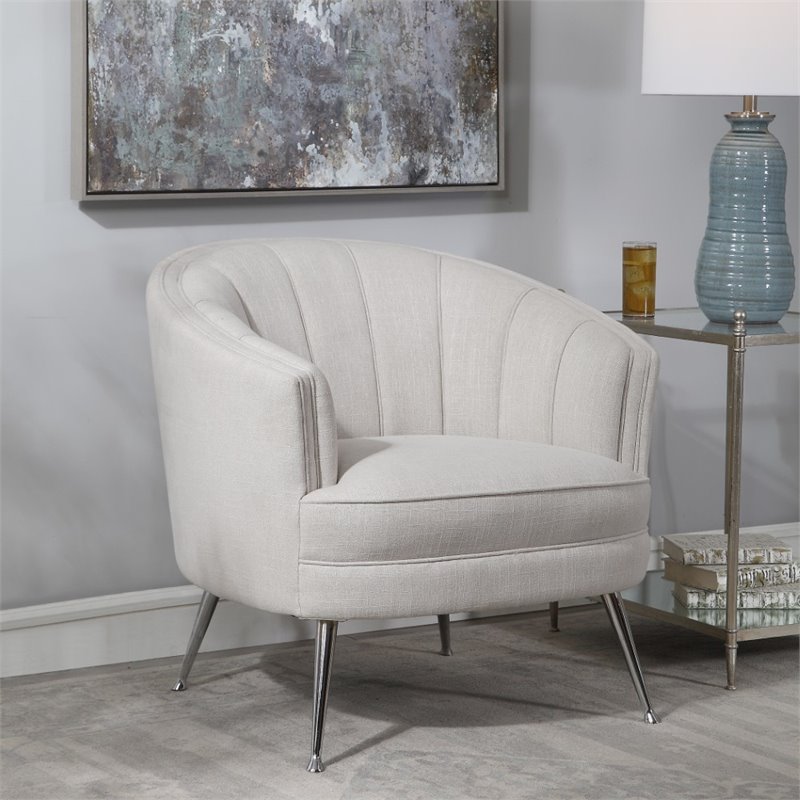 Uttermost Janie Mid-Century Fabric Wood and Iron Accent Chair in Tan/Nickel