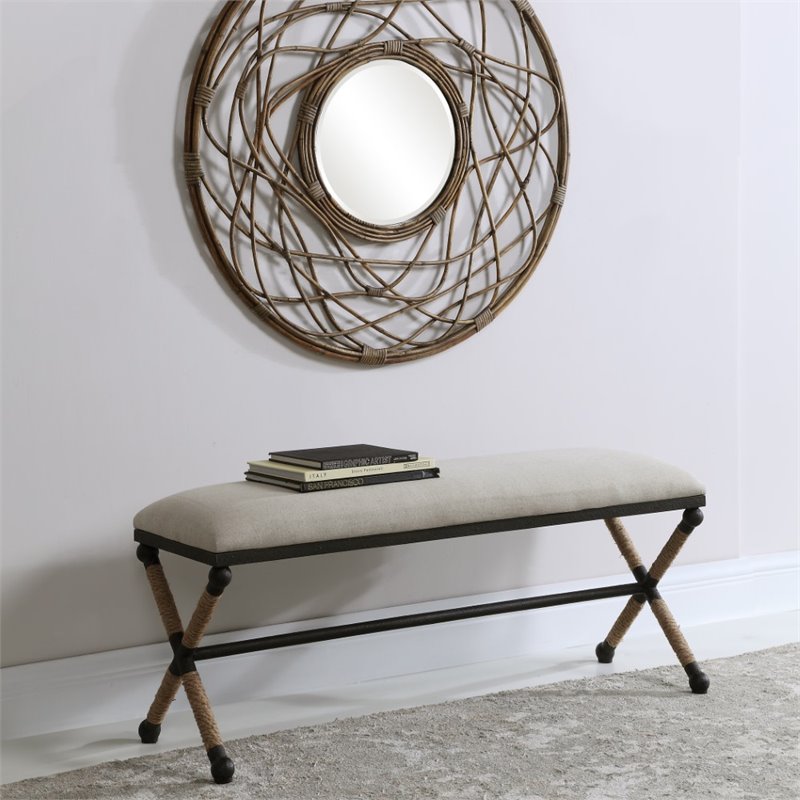 Uttermost Firth Coastal Iron MDF and Fabric Bench in Oatmeal Beige