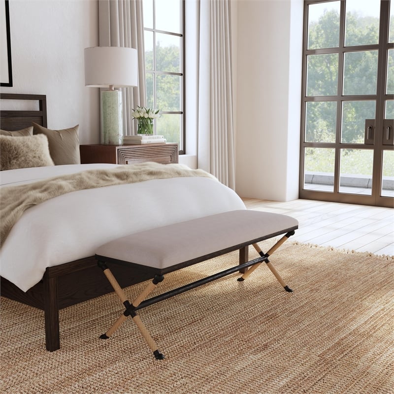 Uttermost Firth Coastal Iron MDF and Fabric Bench in Oatmeal Beige
