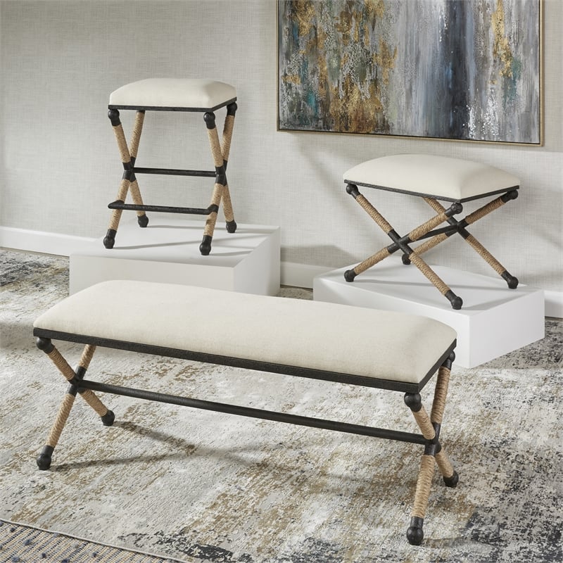 Uttermost Firth Coastal Iron MDF and Fabric Bench in Oatmeal Beige
