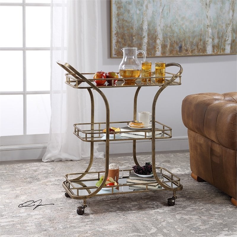 Uttermost Stassi Transitional Glass and Iron Serving Cart in Antique Gold