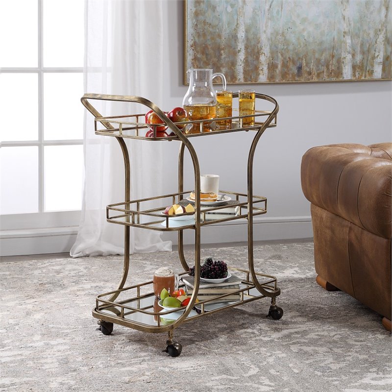 Uttermost Stassi Transitional Glass and Iron Serving Cart in Antique Gold