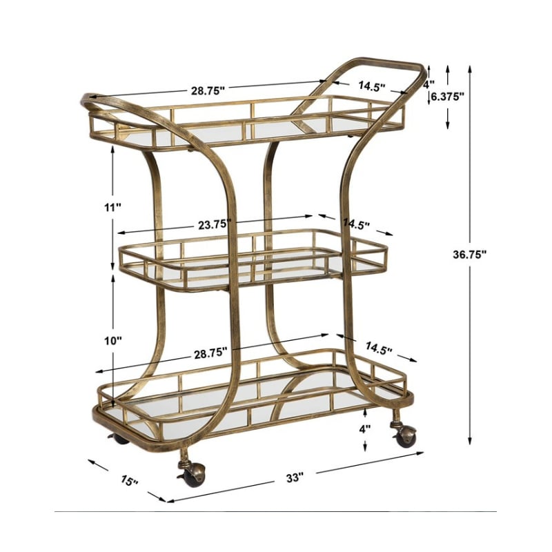 Uttermost Stassi Transitional Glass and Iron Serving Cart in Antique Gold