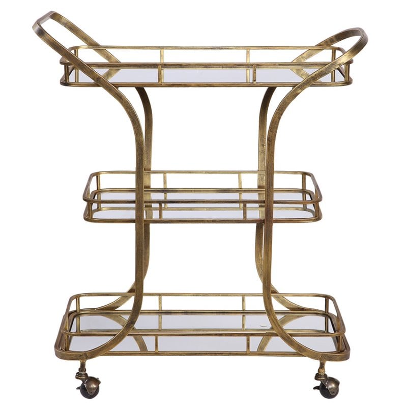 Uttermost Stassi Transitional Glass and Iron Serving Cart in Antique Gold