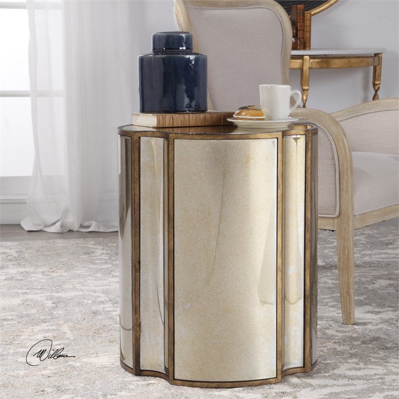 Uttermost Harlow MDF Wood Mirrored Accent Table in Antique Brass