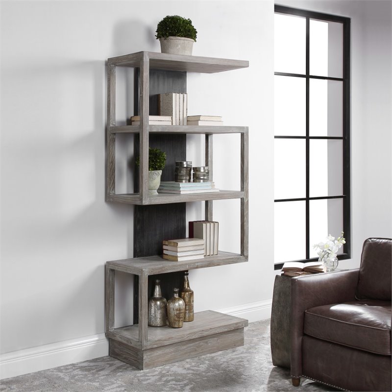 Uttermost Nicasia Modern Elm Wood Etagere in Light Gray