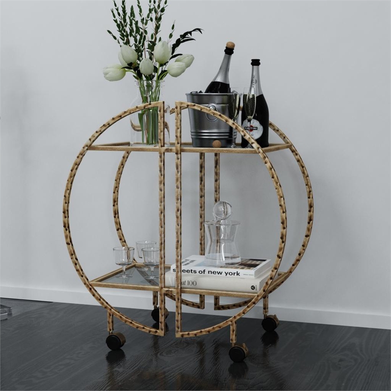 Uttermost Zelina Contemporary Glass and Iron Bar Cart in Antique Gold