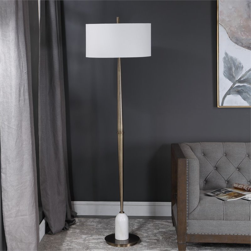 Uttermost Minette Transitional Steel Marble Fabric Floor Lamp in Antique Brass
