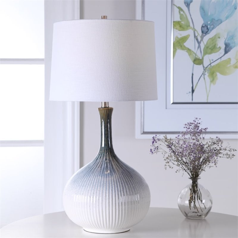 Uttermost Eichler Mid-Century Ceramic and Fabric Table Lamp in Cream/Blue