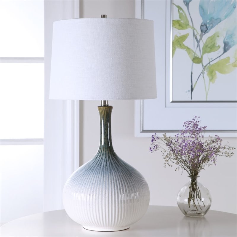 Uttermost Eichler Mid-Century Ceramic and Fabric Table Lamp in Cream/Blue