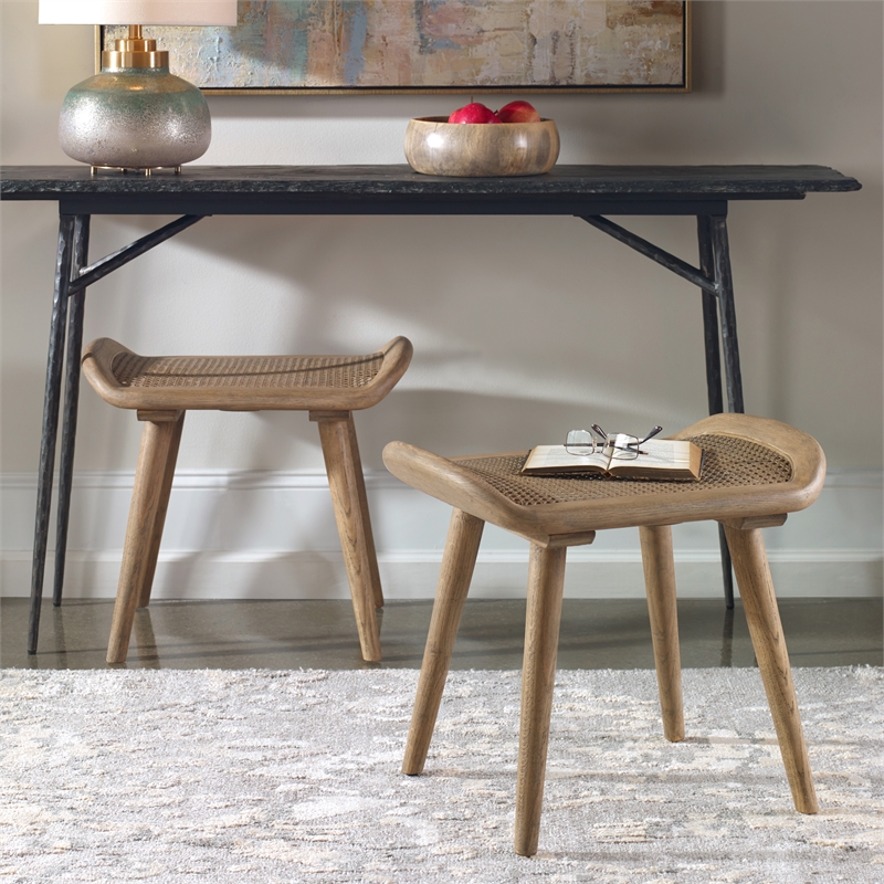 Uttermost Arne Oak Wood and Rattan Scandinavian Small Bench in Woodtone