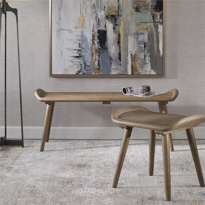 Uttermost Arne Oak Wood and Rattan Scandinavian Small Bench in Woodtone