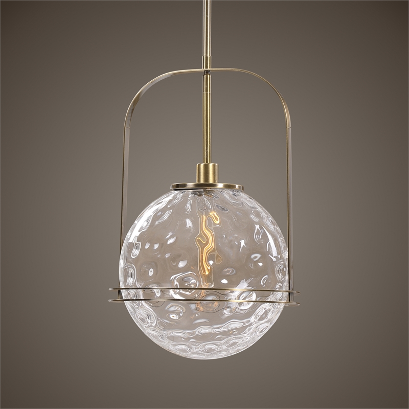 uttermost mimas 1-light steel and glass globe pendant in brass finish