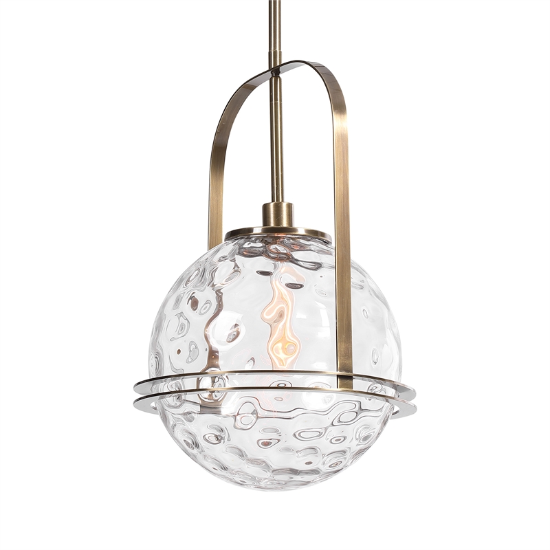 uttermost mimas 1-light steel and glass globe pendant in brass finish
