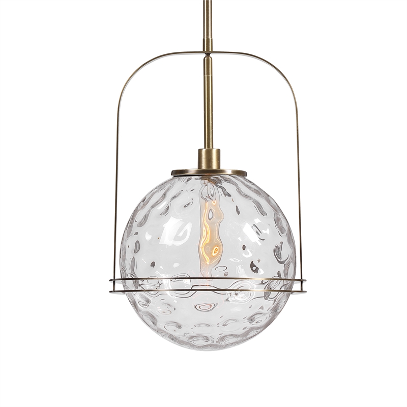 uttermost mimas 1-light steel and glass globe pendant in brass finish