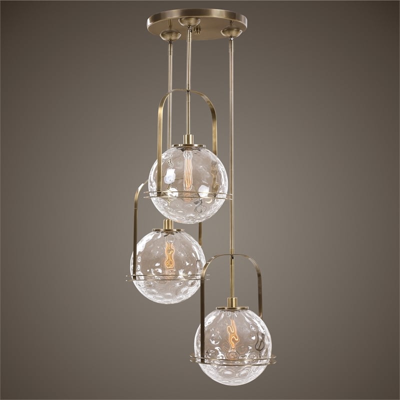 Uttermost Mimas 3-Light Steel and Glass Cluster Pendant in Brass Finish