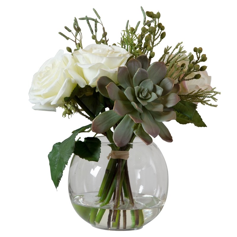 Uttermost Belmonte Polyester Glass Plastic Floral Bouquet & Vase in Green/White