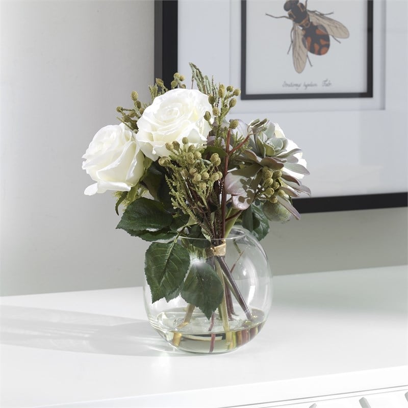 Uttermost Belmonte Polyester Glass Plastic Floral Bouquet & Vase in Green/White