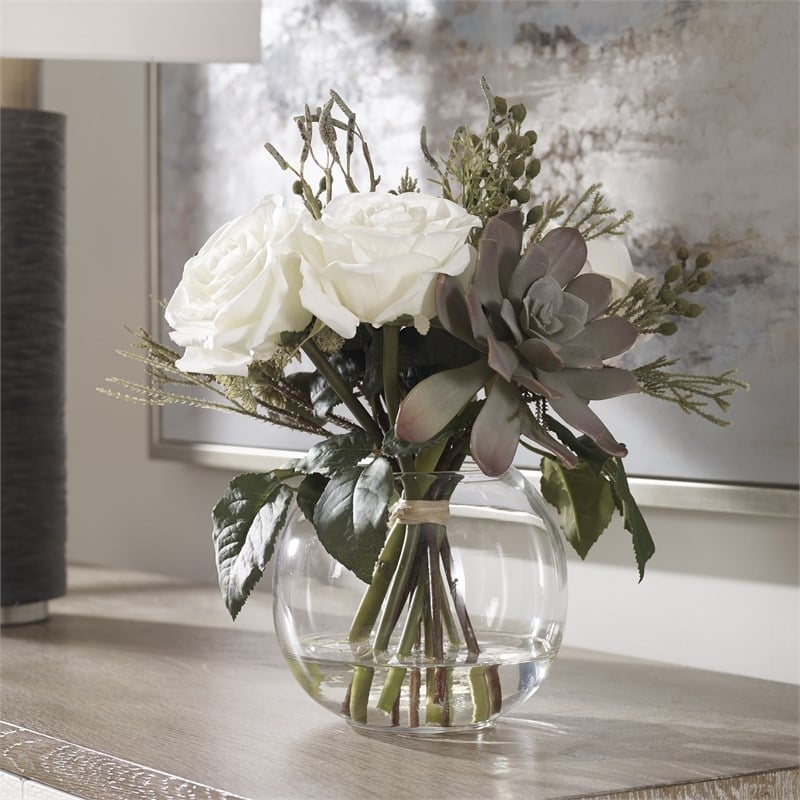 Uttermost Belmonte Polyester Glass Plastic Floral Bouquet & Vase in Green/White