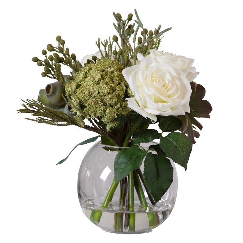 Uttermost Belmonte Polyester Glass Plastic Floral Bouquet & Vase in Green/White