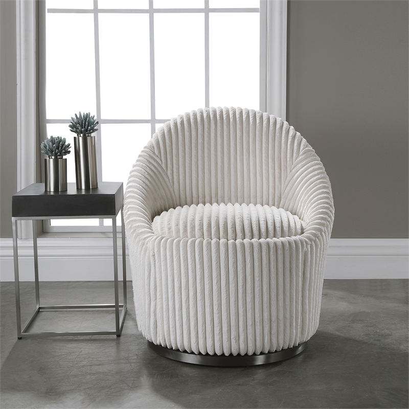 Uttermost Crue Wood Stainless Steel and Fabric Swivel Chair in White
