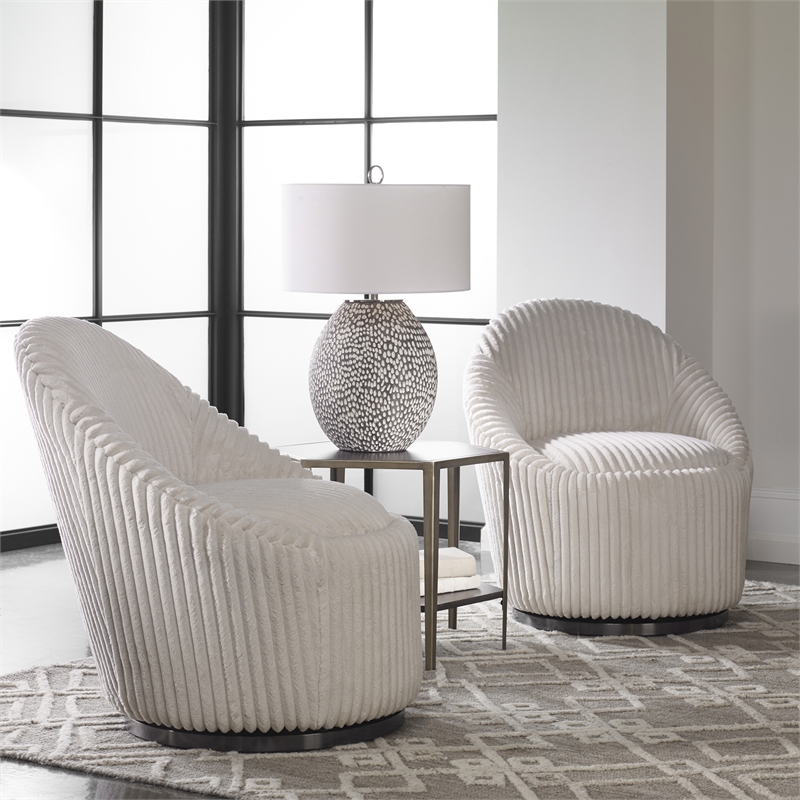 Uttermost Crue Wood Stainless Steel and Fabric Swivel Chair in White