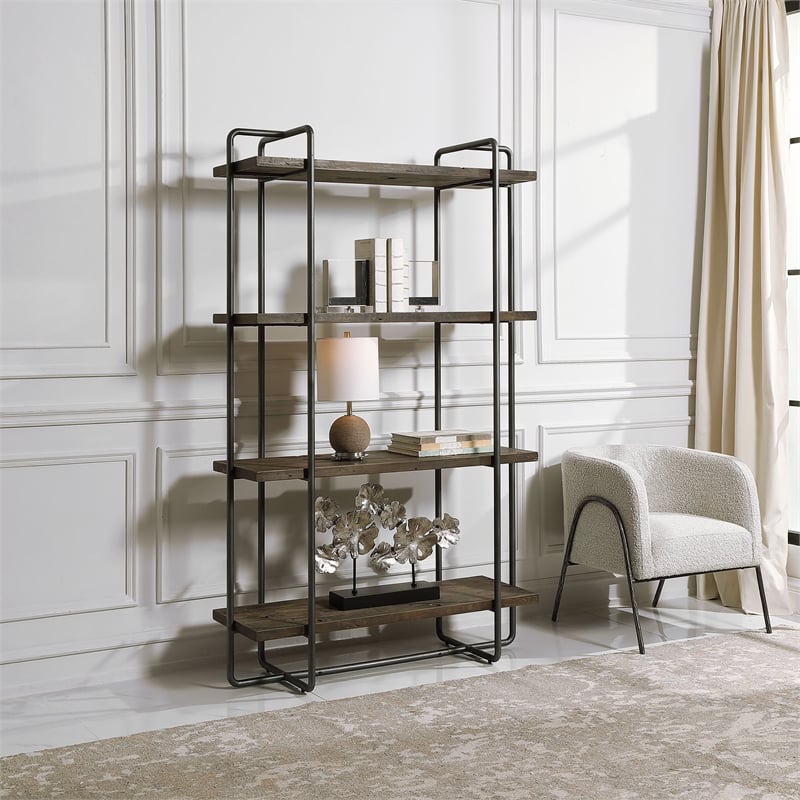Uttermost Stilo Farmhouse Boat Wood Plywood and Steel Etagere in Brown/Gray