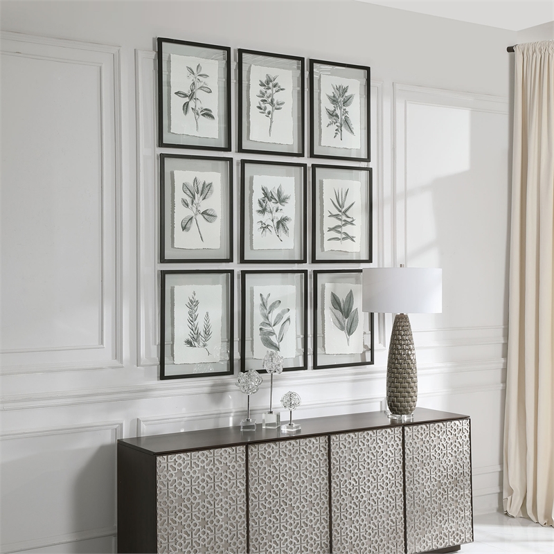 Uttermost Farmhouse Florals Iron Glass Cotton Prints in Black/White (Set of 9)