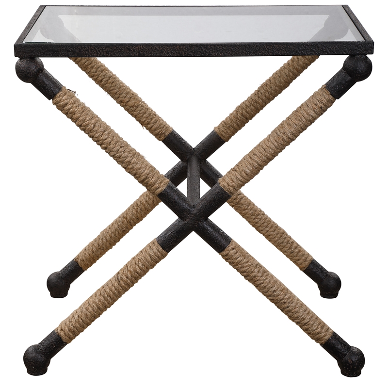 Uttermost Braddock Coastal Iron Glass and Rope Accent Table in Black