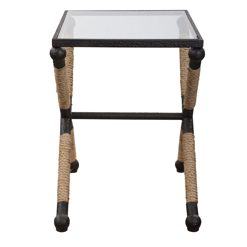 Uttermost Braddock Coastal Iron Glass and Rope Accent Table in Black