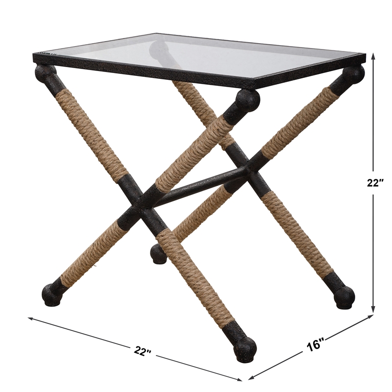 Uttermost Braddock Coastal Iron Glass and Rope Accent Table in Black